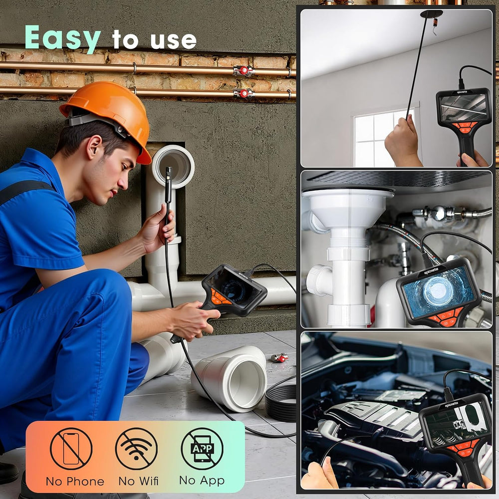 50FT Triple Lens Endoscope Camera,5" Sewer Drain Pipe Inspection