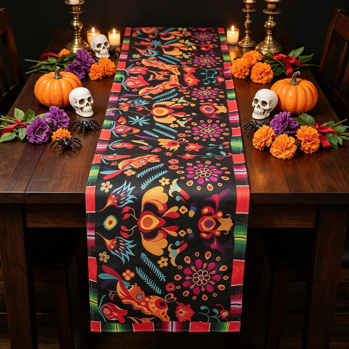 15 Pack Mexican Theme Halloween Table Runners 72×13in Cinco de Mayo Bird Dia De Los Muertos Serape Table Runners Day of The Dead Kitchen Dining Table Decoration for Home Party Decor