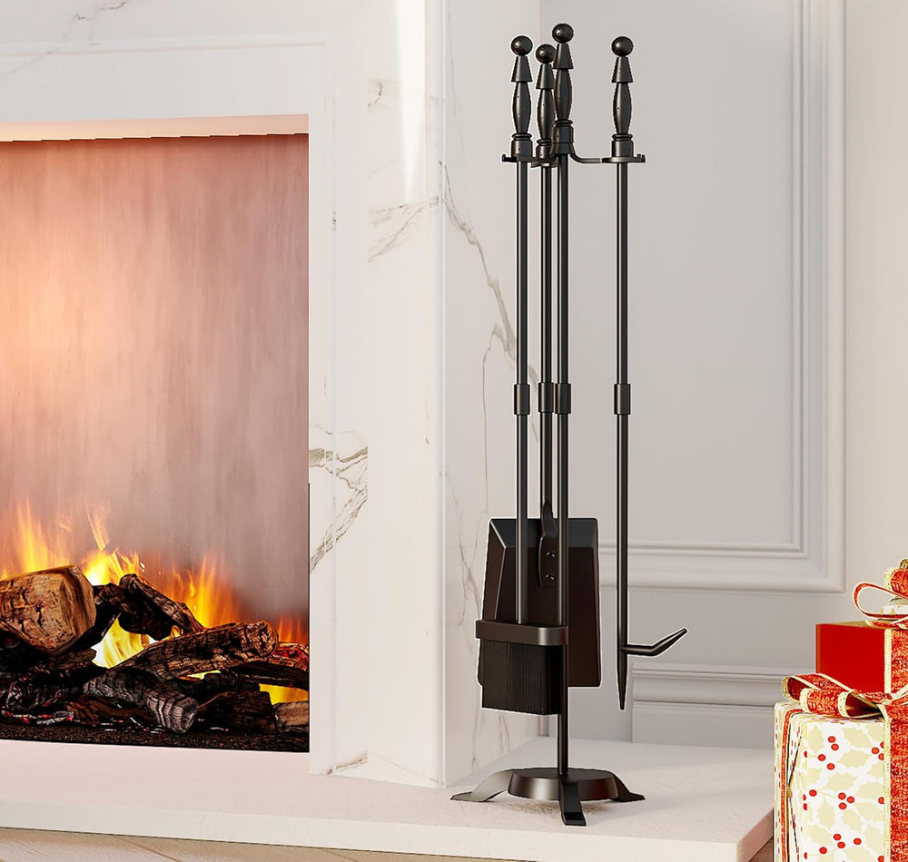 Fire Beauty Fireplace Tool Set with Stand 4 Piece Cast Iron Fire Tools Set