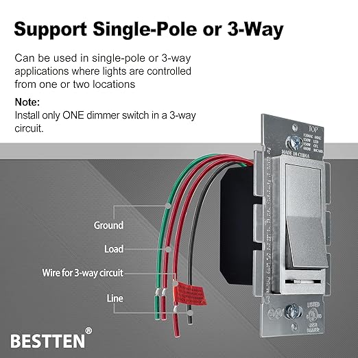 BESTTEN 10 Pack Matte Silver Dimmer Light Switch, Single Pole or 3-Way