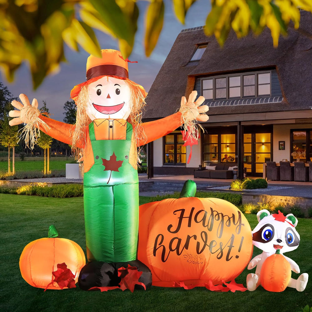 DomKom 6ft Tall LED Lighted Inflatable Scarecrow and Pumpkin – Halloween Than...