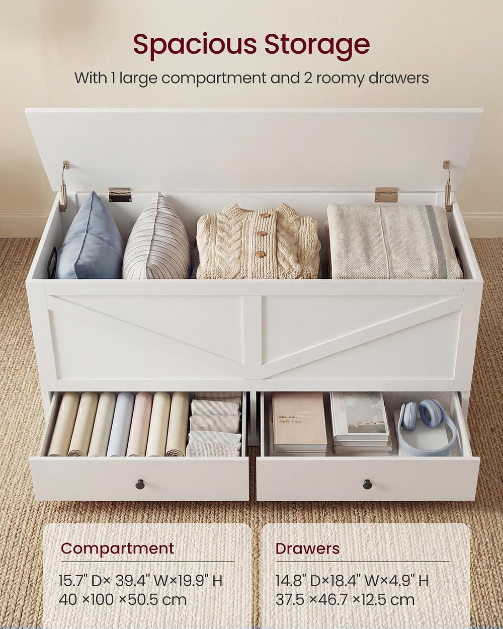 VASAGLE Storage Chest with 2 Fabric Drawers, 15.7 x 39.4 x 19.9 Inches