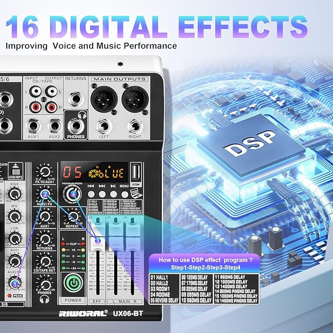 6 Channel Audio Interface Sound Board Mixing Console 16-Bit DSP DJ Mixer Audio