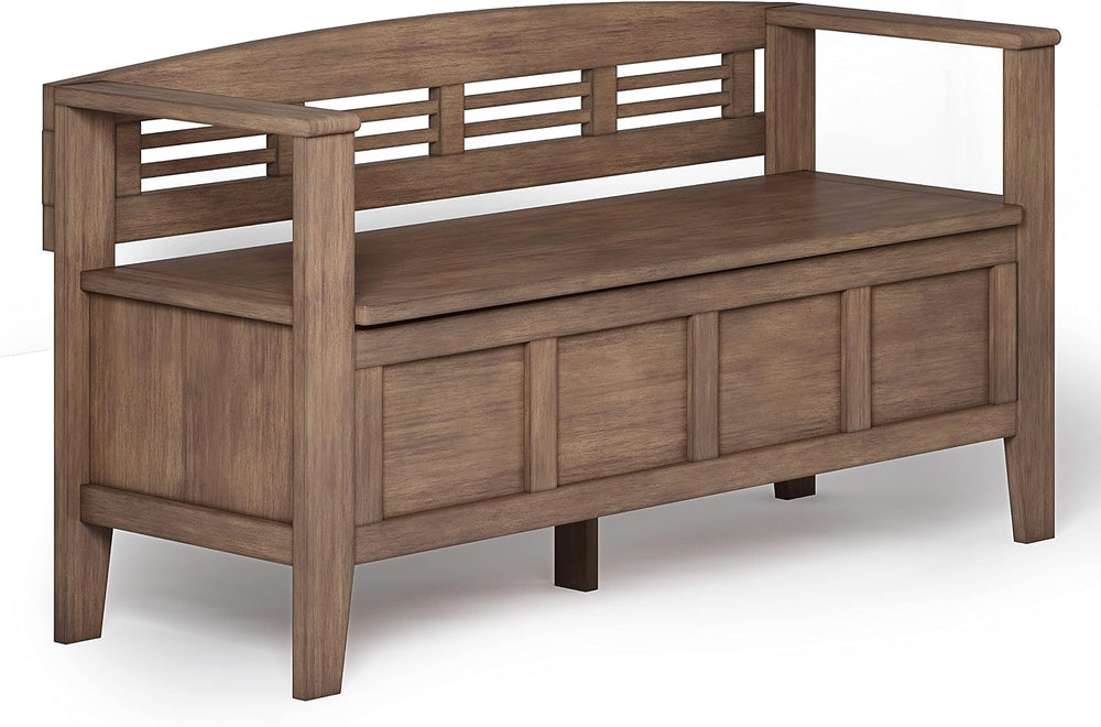 SIMPLIHOME Adams 48" Wide Solid Wood Storage Bench in Natural Brown