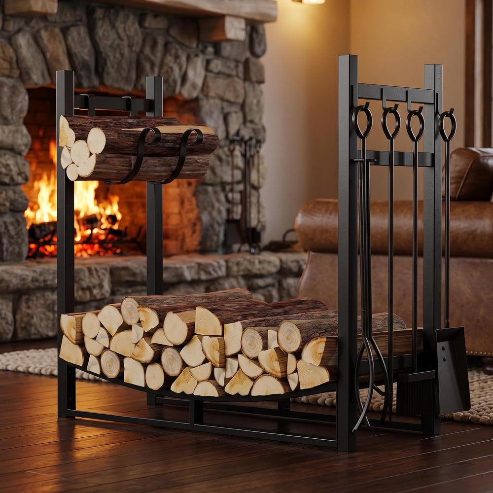 Fire Beauty Firewood Rack Log Holder Wood Storage with 4 Fireplace Tool Set