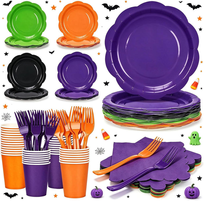 192Pcs Purple Orange Balck Plates and Napkins Party Supplies, Disposable 9’’ Scalloped Halloween Paper Plates Cups Napkins Forks Party Decorations for Birthday, Serves 48