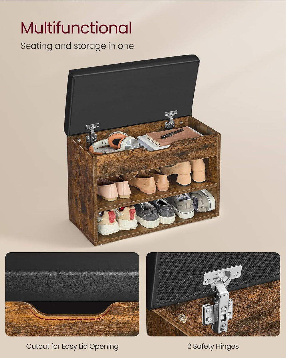 VASAGLE Storage Bench with Cushion, Shoe Bench, 11.8 x 23.6 x 17.3 Inches