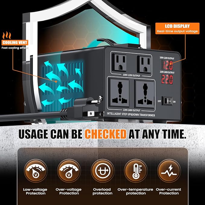 2000W Voltage Converter Transformer Step Up 110V/120V to220V/240V or Step Down