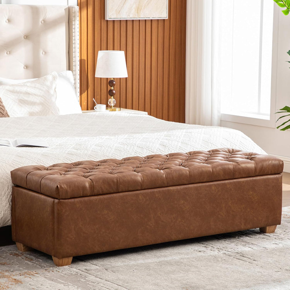 60.2" Storage Ottoman Bench for Bedroom Bed End,Brown PU Leather Bench w...