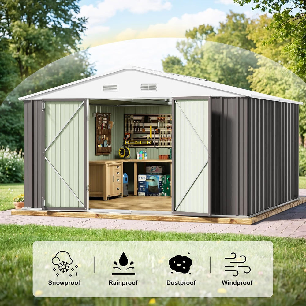 JUMMICO 10x10 FT Outdoor Storage Shed, Grey