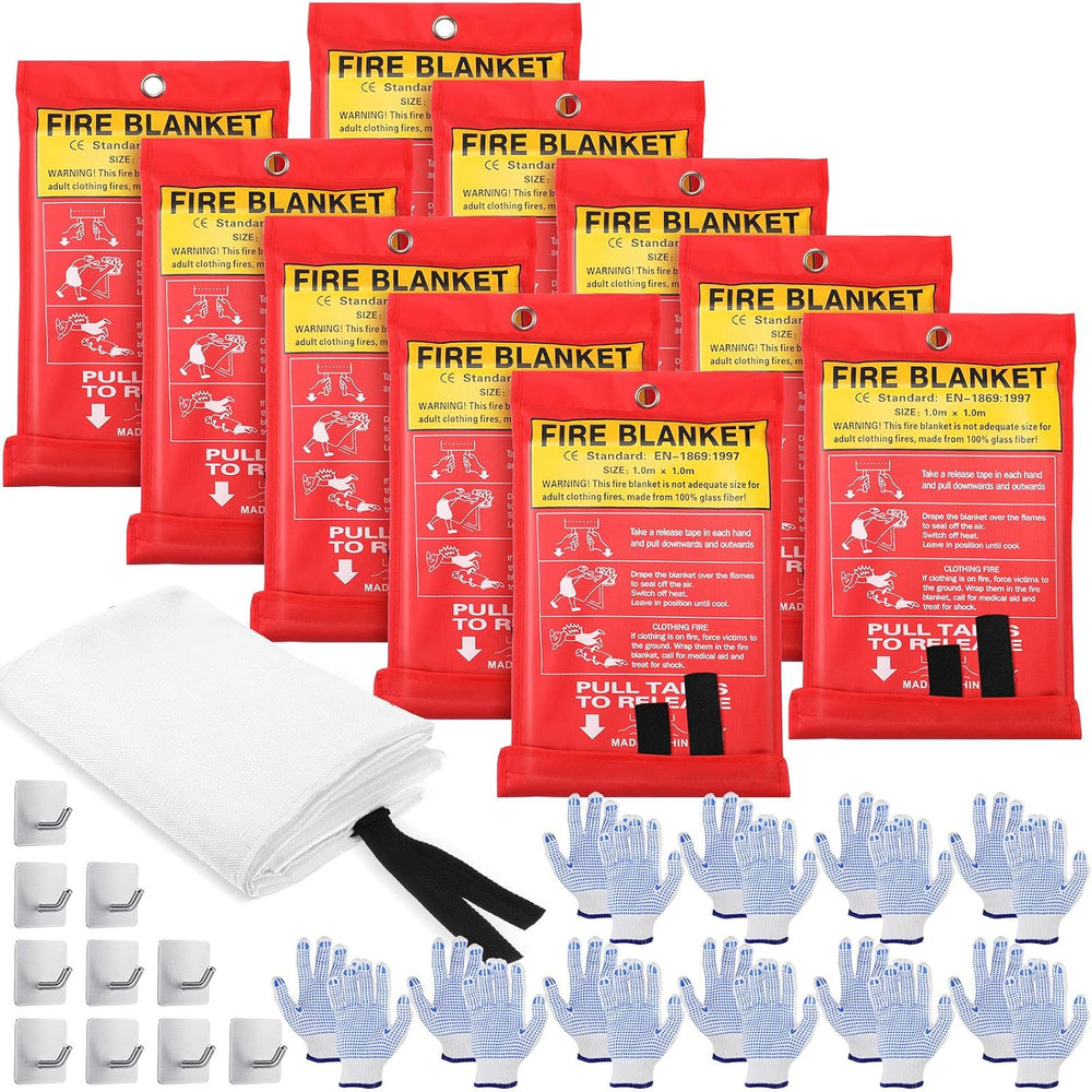 Macarrie 10 Pack Emergency Fire Blanket Bulk with Hooks and Gloves 40'...