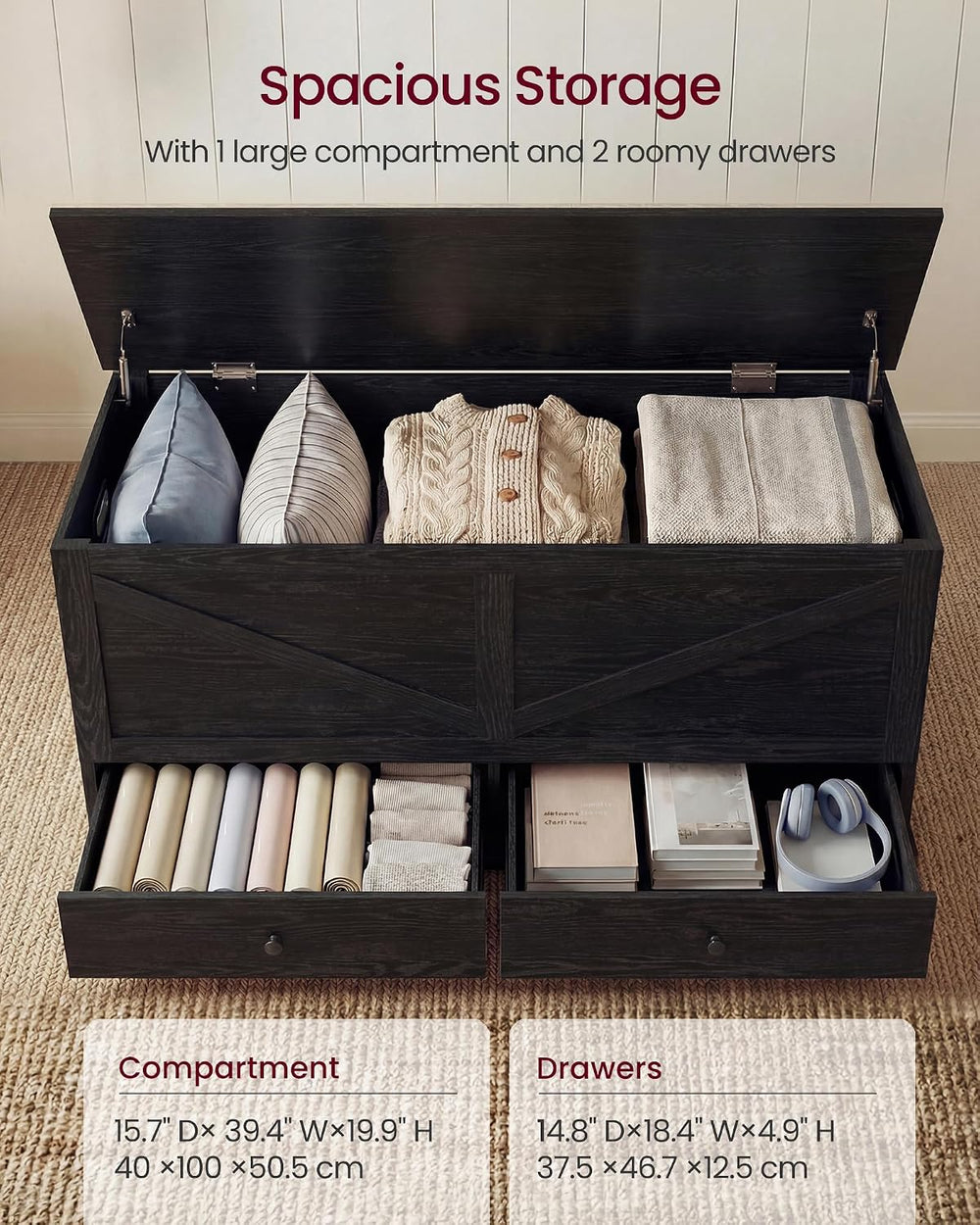 VASAGLE Storage Chest with 2 Fabric Drawers, 15.7 x 39.4 x 19.9 Inches
