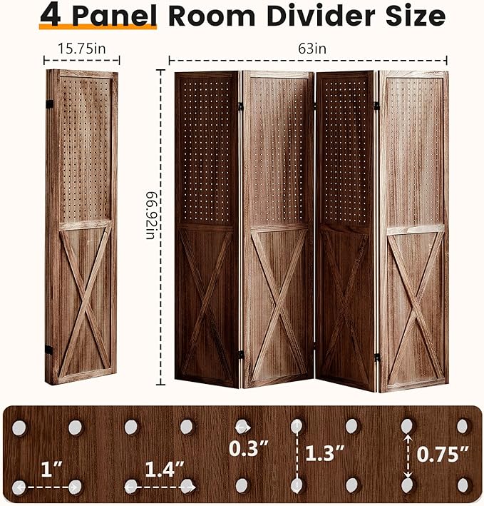 ALeesing 4 Panel Pegboard Wood Room Divider, 5.6Ft Pegboard Display Folding