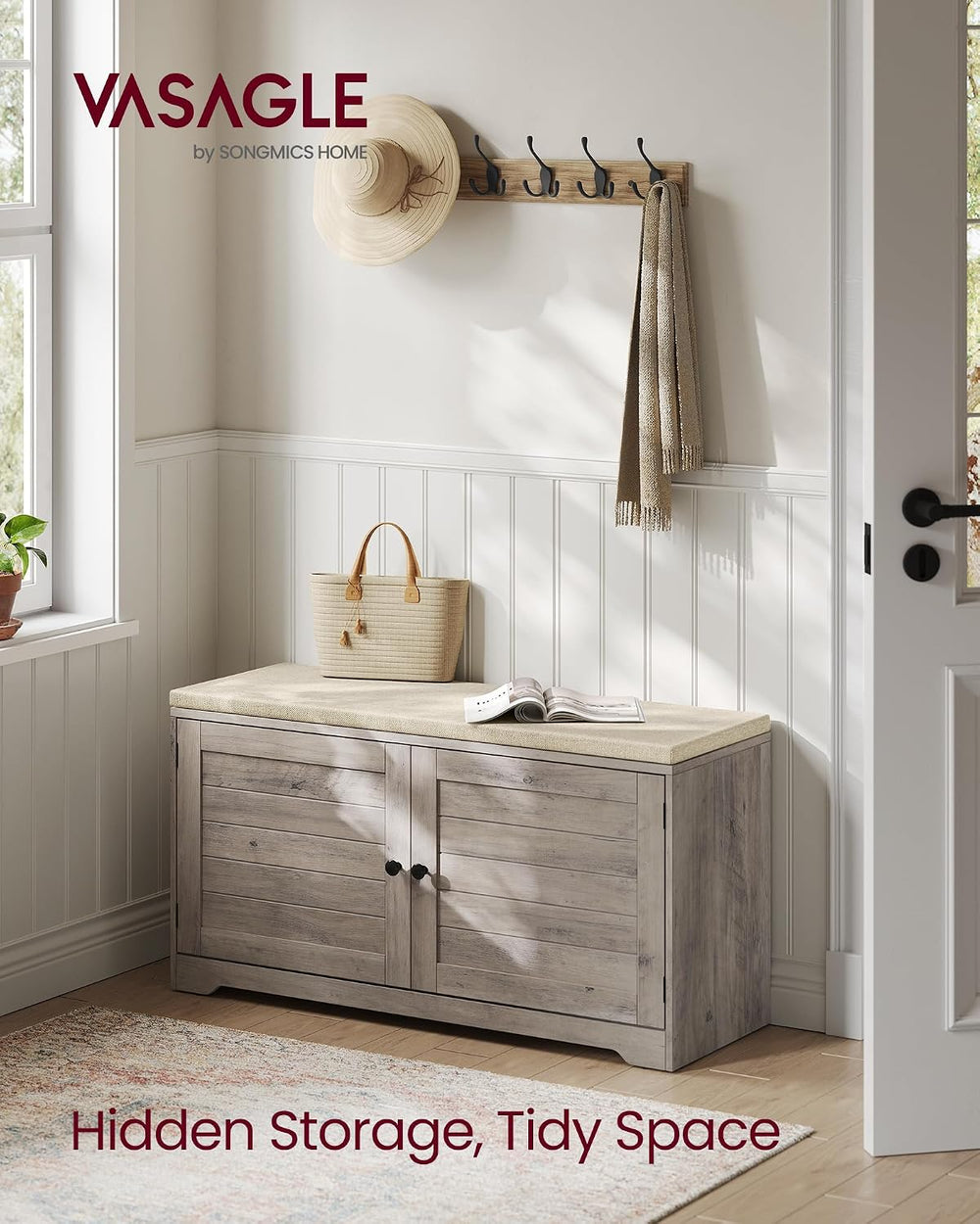 VASAGLE 3-Tier Shoe Storage Bench with Cushion, 14 x 39.8 x 20.7 Inches