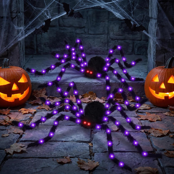 2 Pack 50 Inch Giant Light Up Halloween Spider Decoration Outdoor Indoor,Glowing Purple Lights & red Eyes,8 Light Model,Bendable Legs for Halloween Spooky Decor