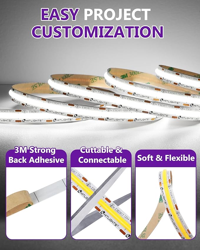 HitLights White COB LED Strip Lights 5000K, 12V Tape Light 16.4ft, 2640 LEDs