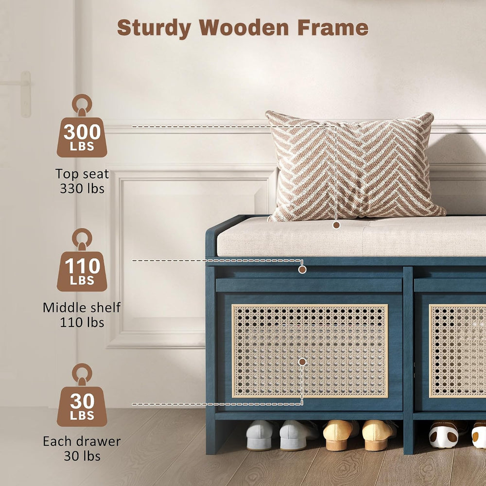LUMISOL 48" Entryway Shoe Bench, Retro Storage Bench with Rattan Drawers...