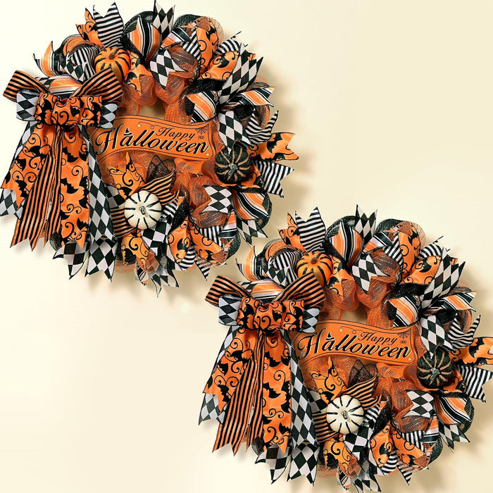 2 Pcs Halloween Wreaths for Front Door, Halloween Wreath with Ribbon Bow