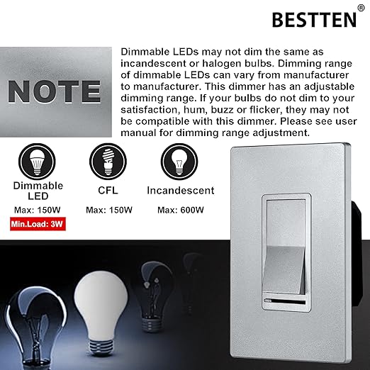 BESTTEN 5 Pack Matte Silver Dimmer Light Switch, Single Pole or 3-Way,
