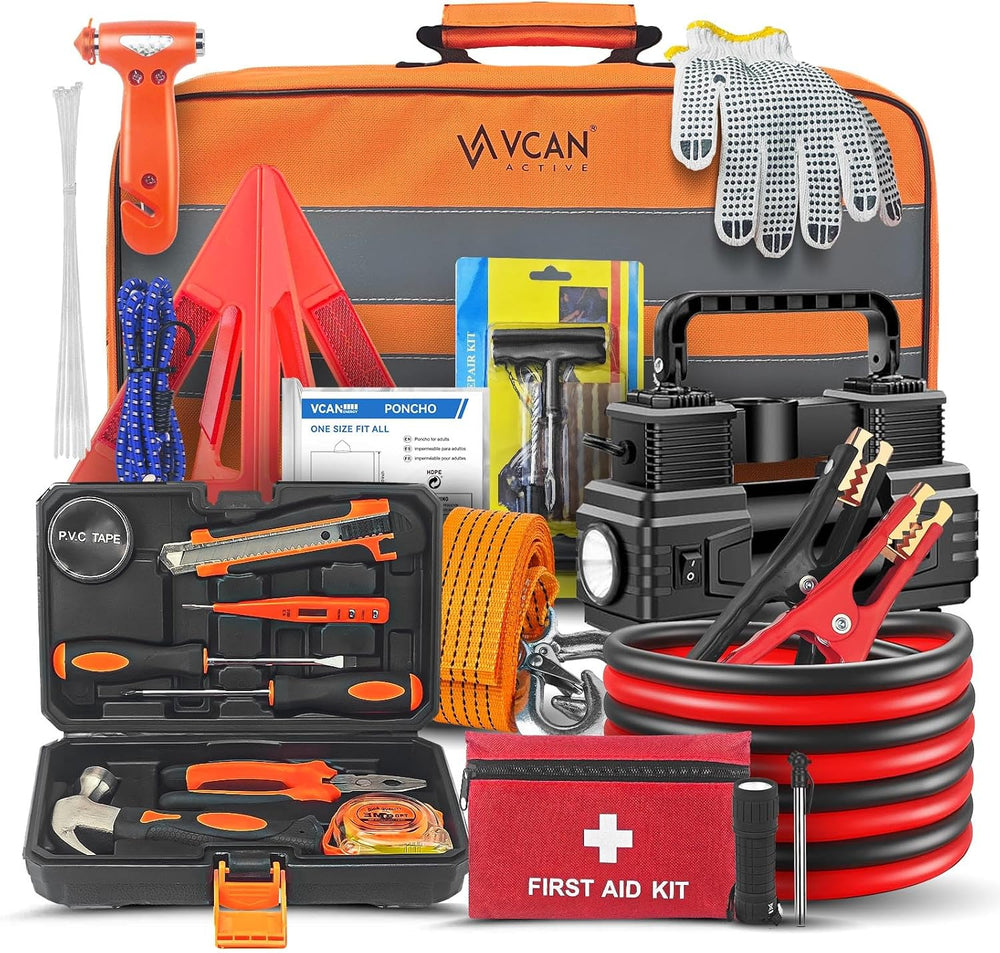 Car Emergency Kit with Portable Air Compressor, First Aid Kit, Jumper Cables,...