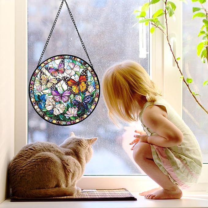 DASTOLL Stained Glass Window Hanging, Colorful Butterfly Suncatcher