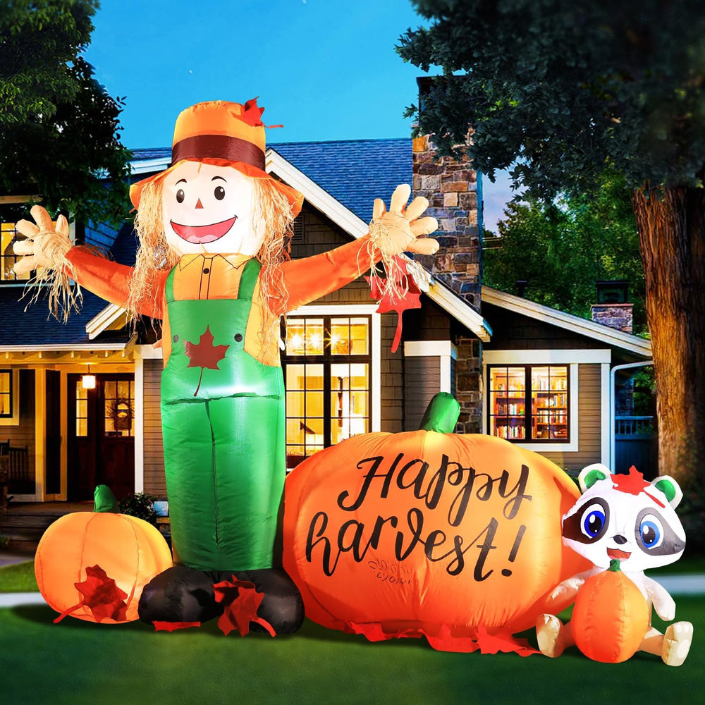 DomKom 6ft Tall LED Lighted Inflatable Scarecrow and Pumpkin – Halloween Than...