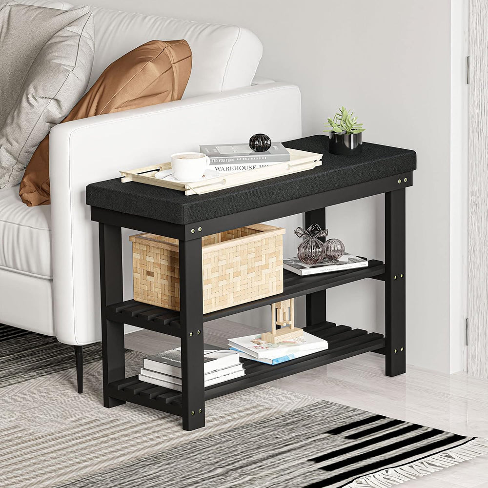 Domax Bamboo Shoe Bench with Cushion, 3-Tier Shoe Rack Organizer, Black