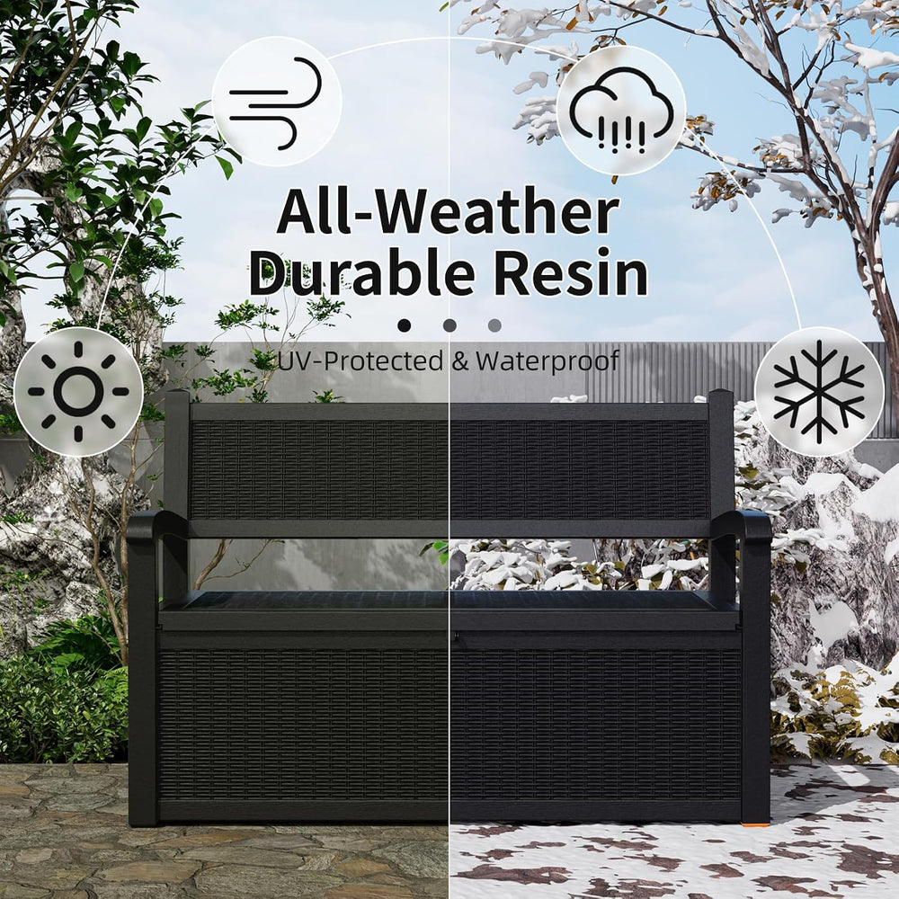 80 Gallon Storage Bench Deck Box Resin Patio Furniture with Armrest, Waterpro...