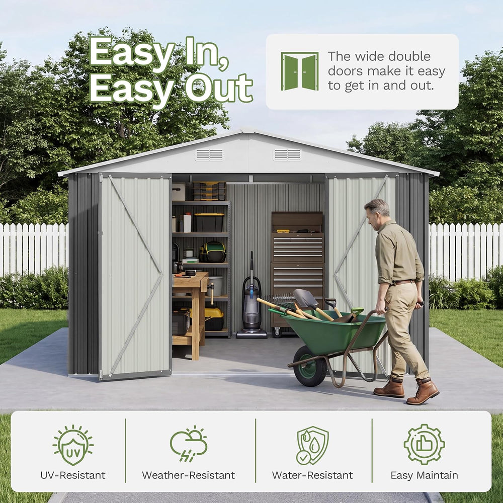 Patiowell 10x10 FT Storage Shed, Outdoor Metal Sheds, Gray