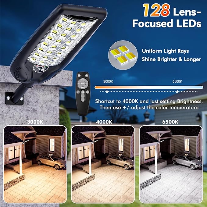 MMKT Solar Street Lights Outdoor, 3 Color Warm White LED Dusk to Dawn IP65