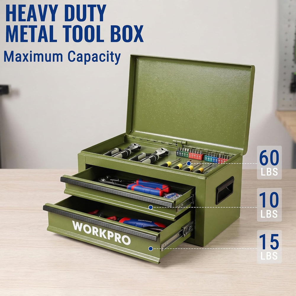 WORKPRO 15-Inch Metal Tool Box with 2 Drawers & Top Storage