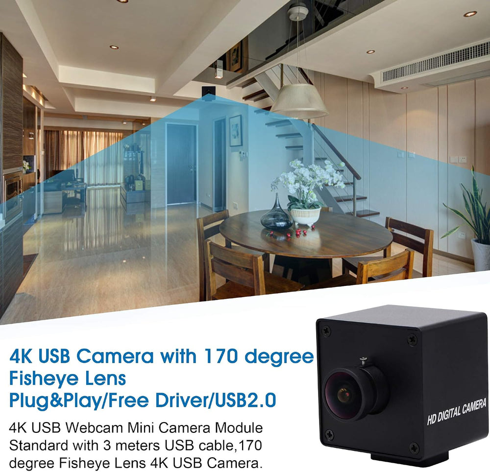 4K USB Camera for Computer, 4K/30FPS Fisheye Webcam with Microphone