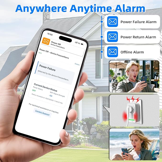 Power Failure Alarm WiFi with 4 Email Addresses, Loud 120dB Smart Power Outage