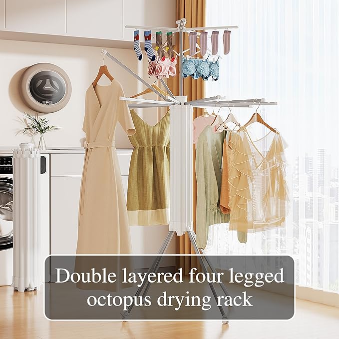 JOOM 4 Legs Double Layer Clothes Drying Rack, Garment Rack Portable and