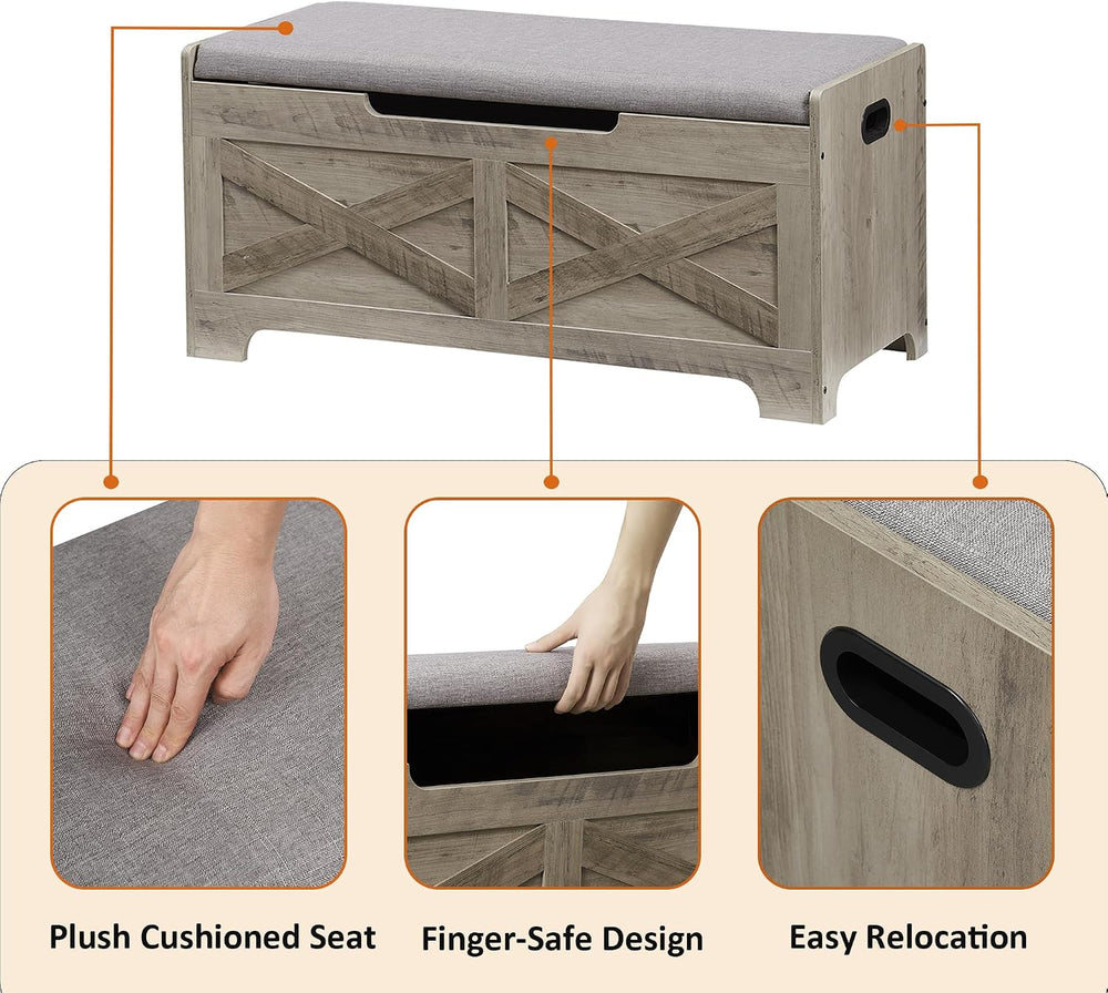 IDEALHOUSE 39.4" Storage Bench with 2 Safety Hinges, Grey