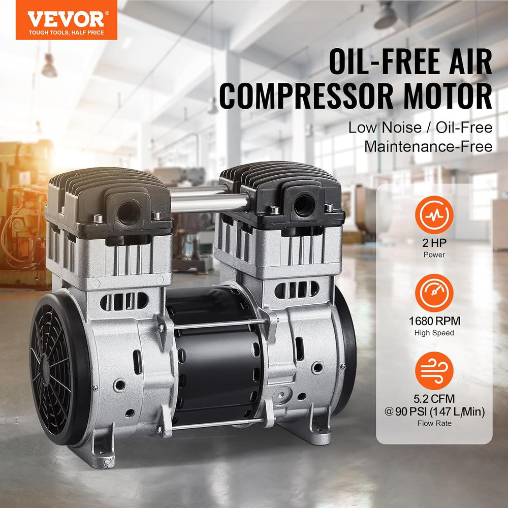 VEVOR Air Compressor Motor, 2HP 5.2CFM @ 90PSI Oil Free Air Compressor Pump &...