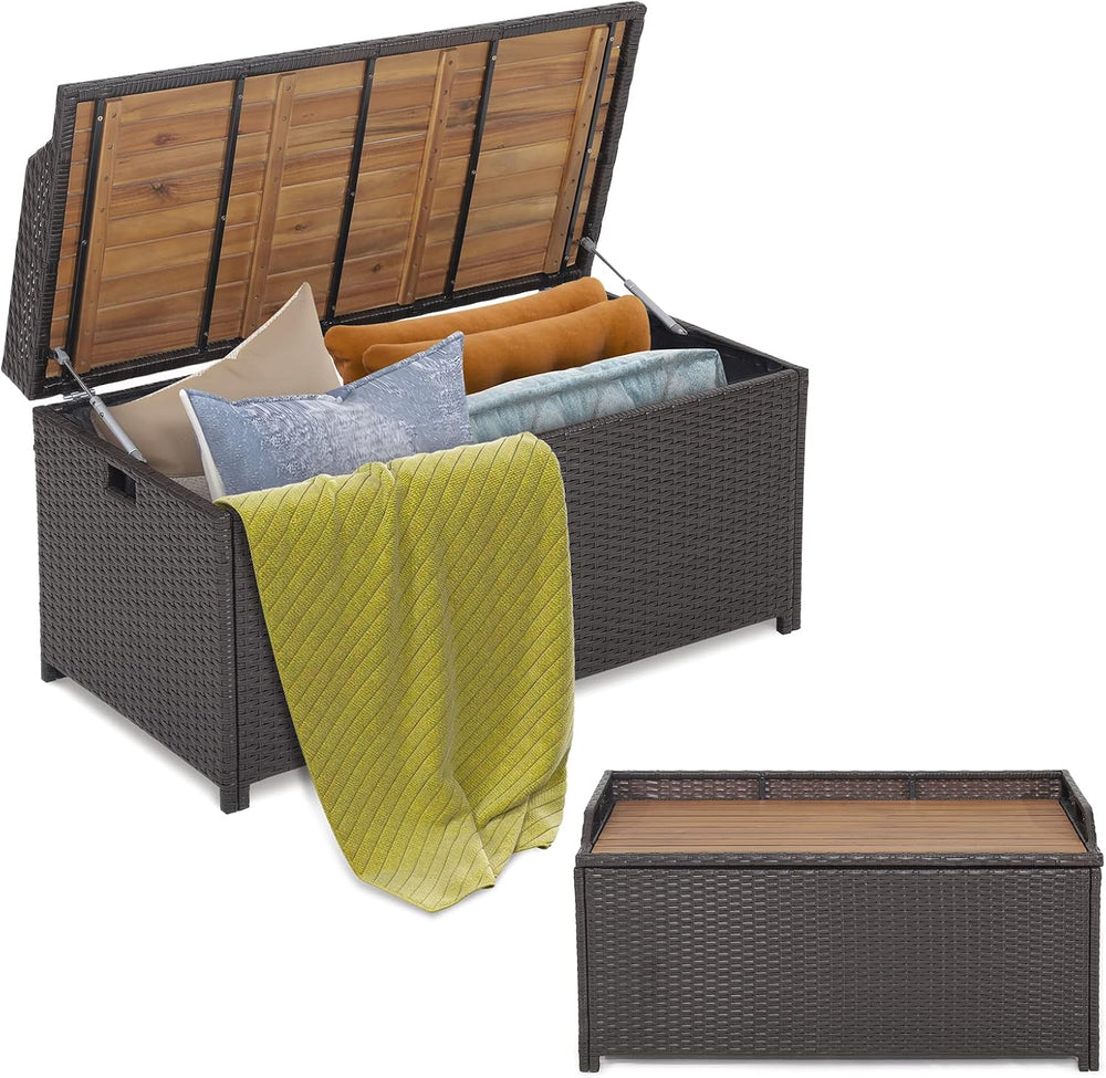 Tangkula 45 Gallon Outdoor Storage Bench, Mix Brown Rattan Storage Container ...