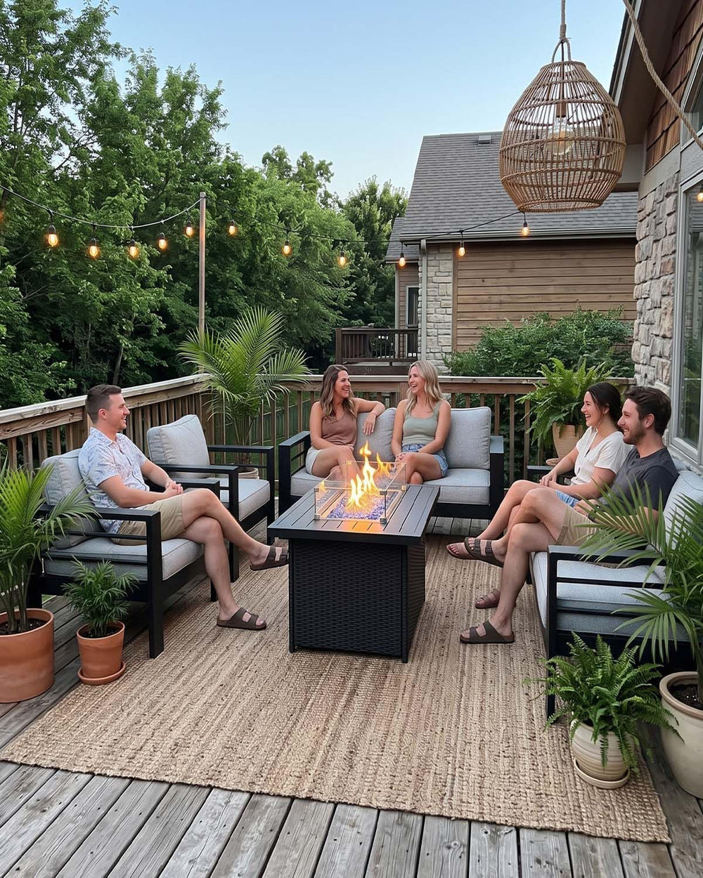 Outdoor Aluminum Furniture Set with Fire Pit Table, 5 Pieces Patio Sectional ...