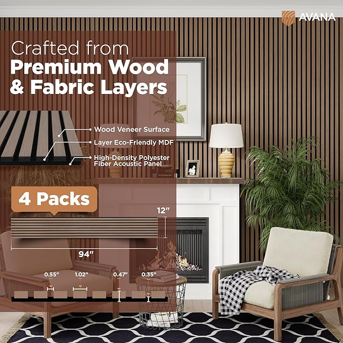 Avana Acoustic Wood Wall Panels – 94.4 x 12.6 Inch Smoke Walnut Acoustic Pane...