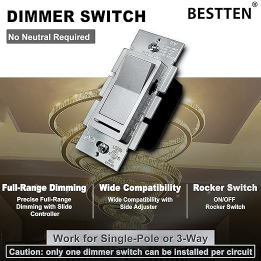 BESTTEN 10 Pack Matte Silver Dimmer Light Switch, Single Pole or 3-Way