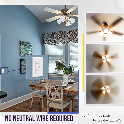 ENERLITES 3 Speed Ceiling Fan Control and Dimmer Light Switch, 2.5A Single Po...