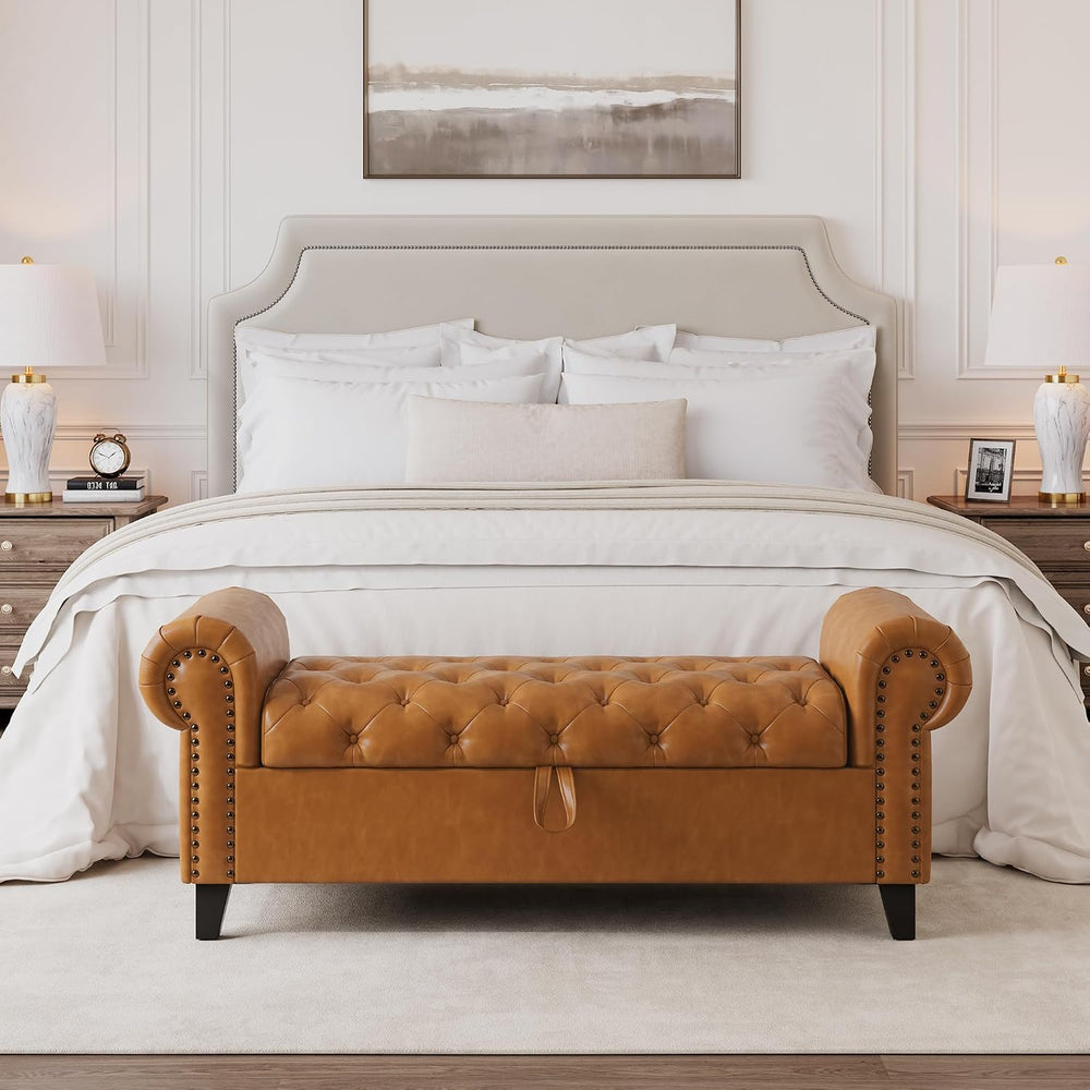 51 Inch Faux Leather Storage Bench with Rolled Arms, Chesterfield Tufted Otto...