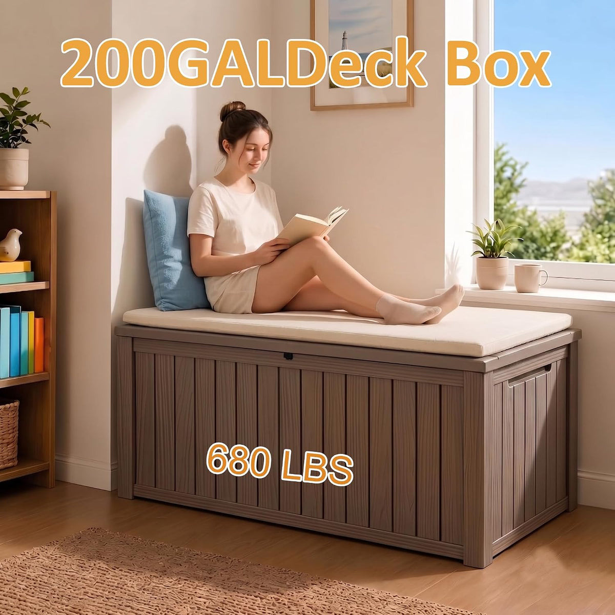 200Gal Lockable Waterproof Deck Box, Sturdy Bench for Patio & Garden Grey