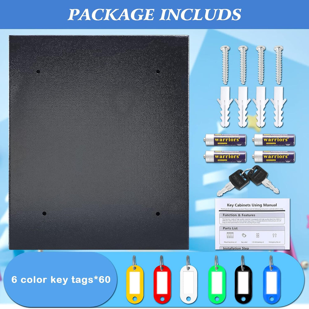 KYODOLED Digital Key Box, Wall Mount 60 Key Cabinet with Key Tags, Black