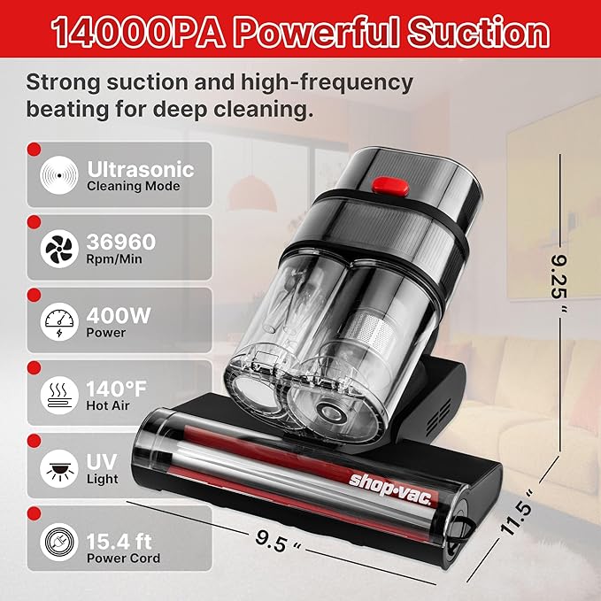 Shop-Vac Mattress Vacuum Cleaner, 14KPa Powerful Bed Vacuum