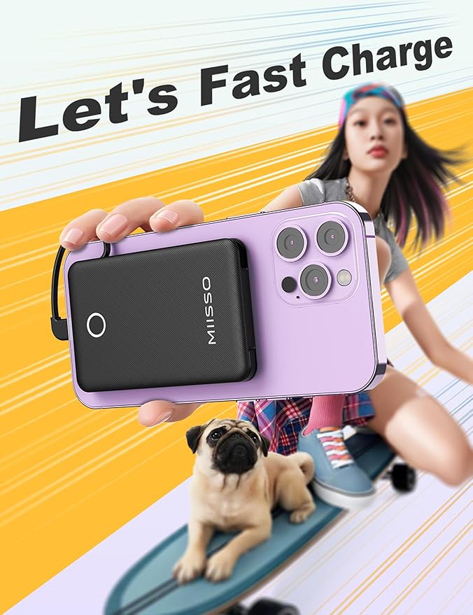 miisso 6000mah Ultra Slim Built in Cables Power Bank, Card Size Built in USB C