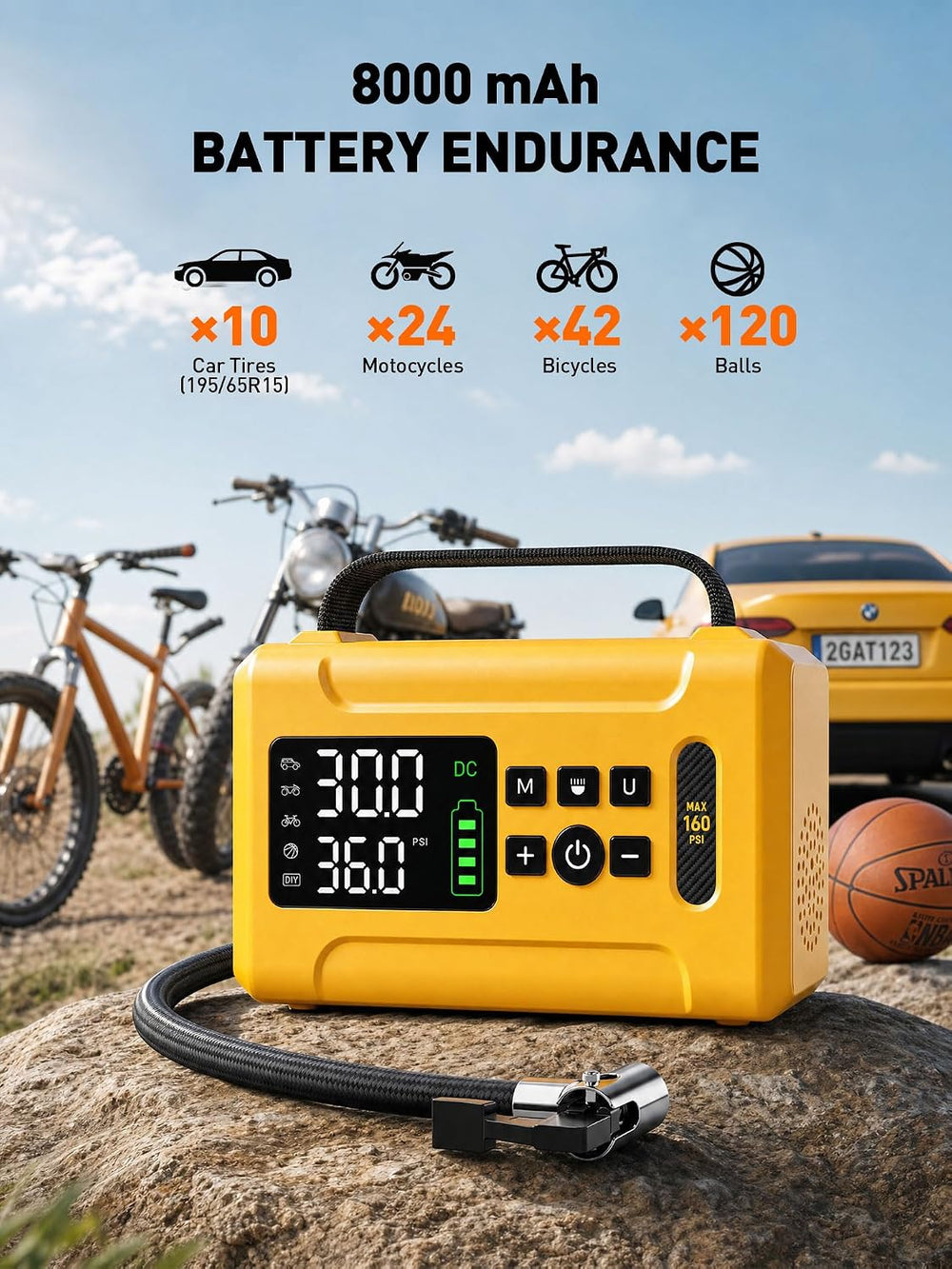 Tire Inflator Portable Air Compressor 160 PSI Air Pump for Cars 8000 mAh &amp...