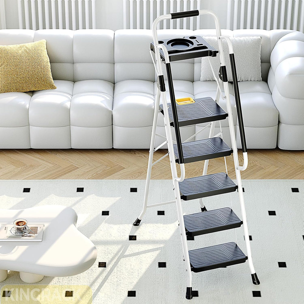 KINGRACK 5 Step Ladder, Folding Step Ladders for Home, 800lb Capacity,White