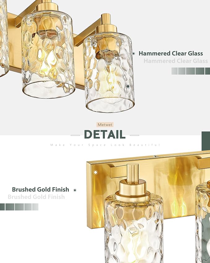 METWET 4-Light Bathroom Light Fixtures, 24.5 Inch Brushed Gold Vanity Lights