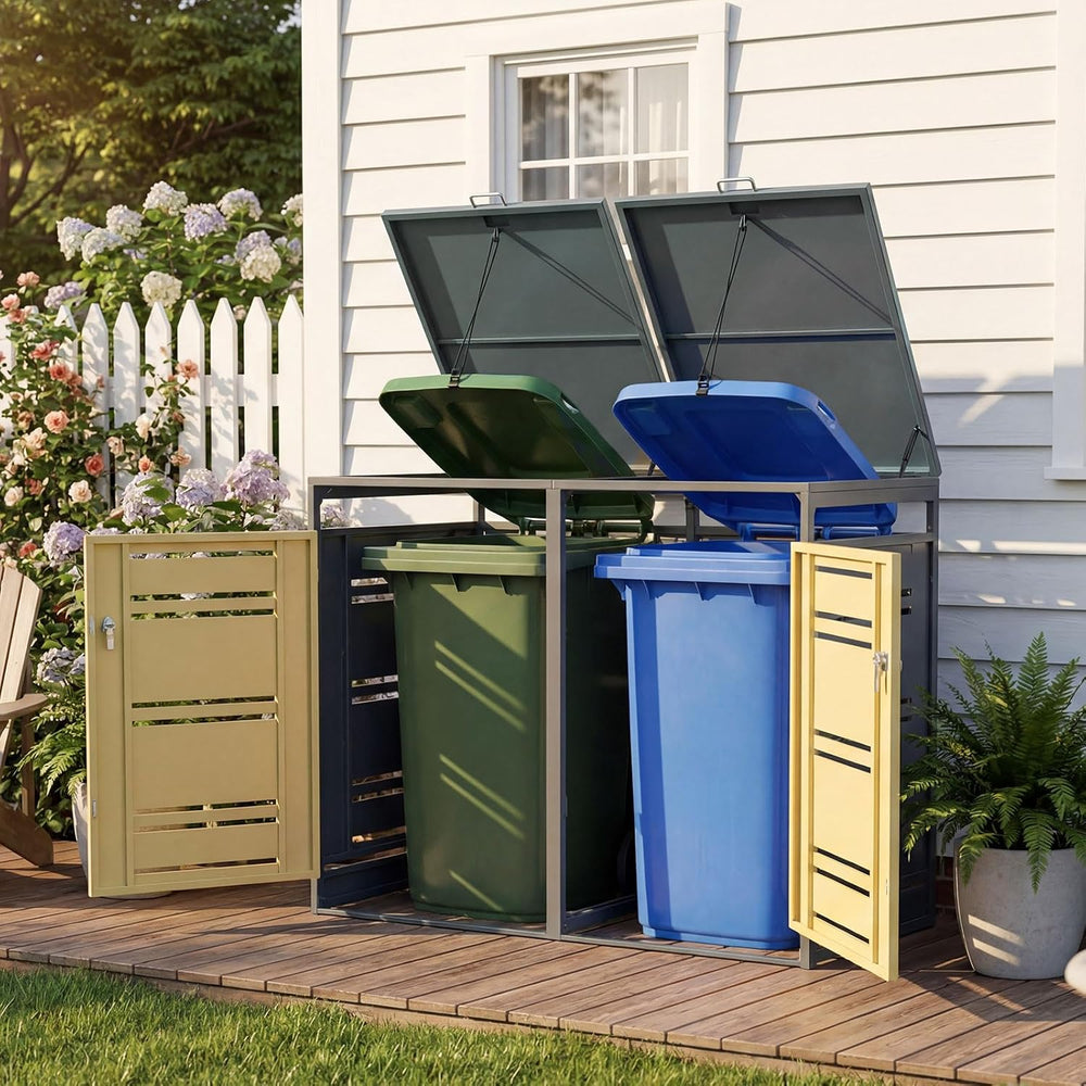 Goplus 44 Cu.Ft Outdoor Trash Can Storage, Garbage Can Hider Outdoor with 2 L...